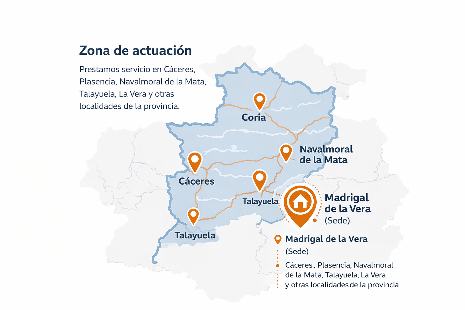 Mapa de la zona de actuación de Segurcam en la provincia de Cáceres con sede en Madrigal de la Vera